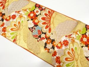 アンティーク　笠松に菊・桐・紅葉模様織り出し袋帯（着用可）